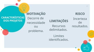 CARACTERÍSTICAS
DOS PROJETOS
RISCO
Incerteza
de
resultados.
MOTIVAÇÃO
Decorre de
necessidade
ou
problema.
LIMITAÇÕES
Recursos
delimitados.
Limites
identificados.
21
 
