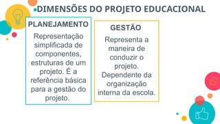DIMENSÕES DO PROJETO EDUCACIONAL
PLANEJAMENTO
Representação
simplificada de
componentes,
estruturas de um
projeto. É a
referência básica
para a gestão do
projeto.
GESTÃO
Representa a
maneira de
conduzir o
projeto.
Dependente da
organização
interna da escola.
 