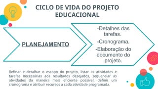 CICLO DE VIDA DO PROJETO
EDUCACIONAL
PLANEJAMENTO
-Detalhes das
tarefas.
-Cronograma.
-Elaboração do
documento do
projeto.
Refinar e detalhar o escopo do projeto, listar as atividades e
tarefas necessárias aos resultados desejados, sequenciar as
atividades da maneira mais eficiente possível, definir um
cronograma e atribuir recursos a cada atividade programada.
 