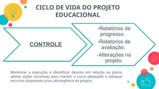 CICLO DE VIDA DO PROJETO
EDUCACIONAL
CONTROLE
-Relatórios de
progresso.
-Relatórios de
avaliação.
-Alterações no
projeto.
Monitorar a execução e identificar desvios em relação ao plano,
adotar ações corretivas para manter o curso planejado e adequar
recursos disponíveis e/ou abrangência do projeto.
 