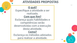 52
ATIVIDADES PROPOSTAS
O quê?
Especifique a atividade a ser
realizada.
Com que fim?
Esclareça quais habilidades e
competências serão
desenvolvidas com a execução
desta atividade.
Como?
Esclareça os métodos adotados
para realizar a atividade.
 