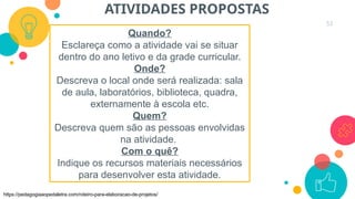 53
ATIVIDADES PROPOSTAS
Quando?
Esclareça como a atividade vai se situar
dentro do ano letivo e da grade curricular.
Onde?
Descreva o local onde será realizada: sala
de aula, laboratórios, biblioteca, quadra,
externamente à escola etc.
Quem?
Descreva quem são as pessoas envolvidas
na atividade.
Com o quê?
Indique os recursos materiais necessários
para desenvolver esta atividade.
https://pedagogiaaopedaletra.com/roteiro-para-elaboracao-de-projetos/
 