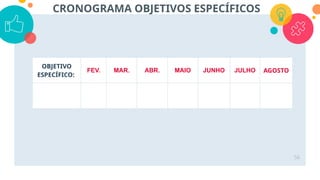 56
OBJETIVO
ESPECÍFICO:
FEV. MAR. ABR. MAIO JUNHO JULHO AGOSTO
CRONOGRAMA OBJETIVOS ESPECÍFICOS
 