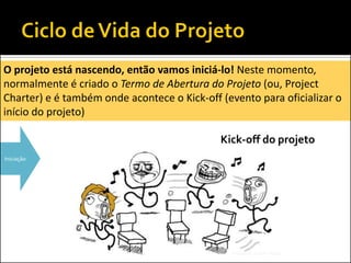 Iniciação
O projeto está nascendo, então vamos iniciá-lo! Neste momento,
normalmente é criado o Termo de Abertura do Projeto (ou, Project
Charter) e é também onde acontece o Kick-off (evento para oficializar o
início do projeto)
Kick-off do projeto
 
