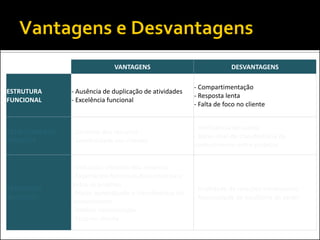 VANTAGENS

DESVANTAGENS

ESTRUTURA
FUNCIONAL

- Ausência de duplicação de atividades
- Excelência funcional

- Compartimentação
- Resposta lenta
- Falta de foco no cliente

ESTRUTURA POR
PROJETOS

- Controle dos recursos
- Sensibilidade aos clientes

- Ineficiência de custos
- Baixo nível de transferência de
conhecimento entre projetos

ESTRUTURA
MATRICIAL

- Utilização eficiente dos recursos
- Experiência funcional disponível para
todos os projetos
- Maior aprendizado e transferência de
conhecimento
- Melhor comunicação
- Foco no cliente

- Dualidade de relações hierárquicas
- Necessidade de equilíbrio de poder

 