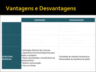 VANTAGENS

DESVANTAGENS

ESTRUTURA
FUNCIONAL

- Ausência de duplicação de atividades
- Excelência funcional

- Compartimentação
- Resposta lenta
- Falta de foco no cliente

ESTRUTURA POR
PROJETOS

- Controle dos recursos
- Sensibilidade aos clientes

- Ineficiência de custos
- Baixo nível de transferência de
conhecimento entre projetos

ESTRUTURA
MATRICIAL

- Utilização eficiente dos recursos
- Experiência funcional disponível para
todos os projetos
- Maior aprendizado e transferência de
conhecimento
- Melhor comunicação
- Foco no cliente

- Dualidade de relações hierárquicas
- Necessidade de equilíbrio de poder

 