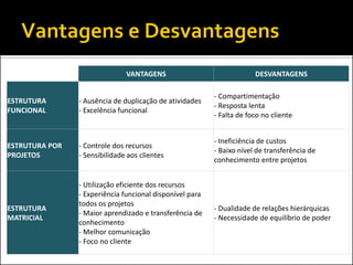 VANTAGENS

DESVANTAGENS

ESTRUTURA
FUNCIONAL

- Ausência de duplicação de atividades
- Excelência funcional

- Compartimentação
- Resposta lenta
- Falta de foco no cliente

ESTRUTURA POR
PROJETOS

- Controle dos recursos
- Sensibilidade aos clientes

- Ineficiência de custos
- Baixo nível de transferência de
conhecimento entre projetos

ESTRUTURA
MATRICIAL

- Utilização eficiente dos recursos
- Experiência funcional disponível para
todos os projetos
- Maior aprendizado e transferência de
conhecimento
- Melhor comunicação
- Foco no cliente

- Dualidade de relações hierárquicas
- Necessidade de equilíbrio de poder

 