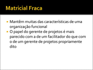  Mantêm muitas das características de uma
organização funcional
 O papel do gerente de projetos é mais
parecido com a de um facilitador do que com
o de um gerente de projetos propriamente
dito
 