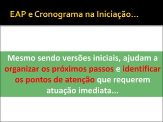 Mesmo sendo versões iniciais, ajudam a
organizar os próximos passos e identificar
os pontos de atenção que requerem
atuação imediata...
 