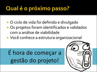  O ciclo de vida foi definido e divulgado
 Os projetos foram identificados e validados
com a análise de viabilidade
 Você conhece a estrutura organizacional
É hora de começar a
gestão do projeto!
 
