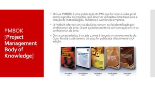  O Guia PMBOK é uma publicação do PMI que fornece a visão geral
sobre a gestão de projetos, que deve ser utilizado como base para a
criação de metodologias, modelos e padrões da empresa.
 O PMBOK oferece um vocabulário comum eu foi identificado por
profissionais da área. O que ajuda bastante na comunicação entre os
profissionais da área.
 Outra característica, é a cada 4 anos é lançada uma nova versão do
Guia. No dia 01 de Janeiro de 2013 foi publicada oficialmente a 5ª
edição.
PMBOK
[Project
Management
Body of
Knowledge]
 