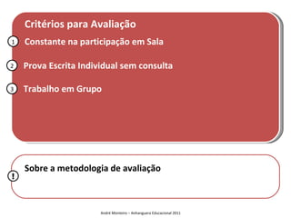 Critérios para Avaliação
1   Constante na participação em Sala

2   Prova Escrita Individual sem consulta

3   Trabalho em Grupo




    Sobre a metodologia de avaliação
!



                       André Monteiro – Anhanguera Educacional 2011
 
