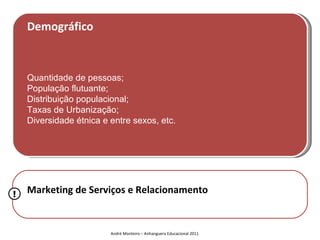 Demográfico



    Quantidade de pessoas;
    População flutuante;
    Distribuição populacional;
    Taxas de Urbanização;
    Diversidade étnica e entre sexos, etc.




!   Marketing de Serviços e Relacionamento


                         André Monteiro – Anhanguera Educacional 2011
 
