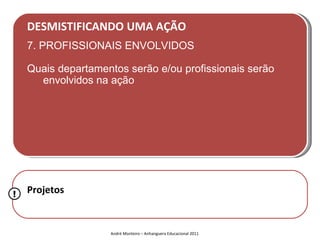 DESMISTIFICANDO UMA AÇÃO
    7. PROFISSIONAIS ENVOLVIDOS

    Quais departamentos serão e/ou profissionais serão
      envolvidos na ação




!   Projetos


                    André Monteiro – Anhanguera Educacional 2011
 