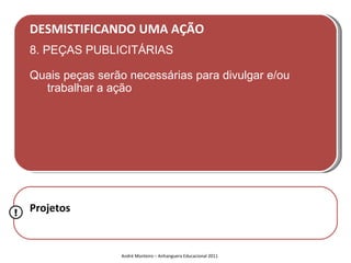 DESMISTIFICANDO UMA AÇÃO
    8. PEÇAS PUBLICITÁRIAS

    Quais peças serão necessárias para divulgar e/ou
      trabalhar a ação




!   Projetos


                    André Monteiro – Anhanguera Educacional 2011
 