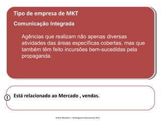 Tipo de empresa de MKT
    Comunicação Integrada

       Agências que realizam não apenas diversas
       atividades das áreas específicas cobertas, mas que
       também têm feito incursões bem-sucedidas pela
       propaganda.




!   Está relacionado ao Mercado , vendas.


                      André Monteiro – Anhanguera Educacional 2011
 