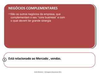 NEGÓCIOS COMPLEMENTARES
    São os outros negócios da empresa, que
     complementam o seu “core business” e com
     o qual devem ter grande sinergia




!   Está relacionado ao Mercado , vendas.


                      André Monteiro – Anhanguera Educacional 2011
 