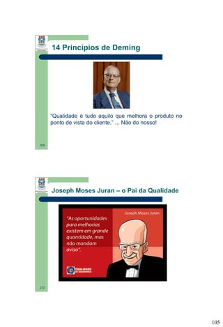 14 Princípios de Deming

“Qualidade é tudo aquilo que melhora o produto no
ponto de vista do cliente.” ... Não do nosso!

209

Joseph Moses Juran – o Pai da Qualidade

210

105

 