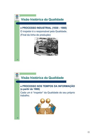 Visão histórica da Qualidade
PROCESSO INDUSTRIAL (1930 - 1980)
O inspetor é o responsável pela Qualidade.
(Final da linha de produção)


21

Visão histórica da Qualidade
PROCESSO NOS TEMPOS DA INFORMAÇÃO
(a partir de 1980)
Cada um é “inspetor” da Qualidade do seu próprio
trabalho.


22

11

 