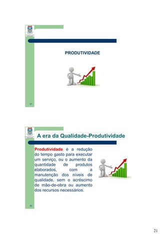 PRODUTIVIDADE

41

A era da Qualidade-Produtividade
Produtividade é a redução
do tempo gasto para executar
um serviço, ou o aumento da
quantidade
de
produtos
elaborados,
com
a
manutenção dos níveis de
qualidade, sem o acréscimo
de mão-de-obra ou aumento
dos recursos necessários.

42

21

 