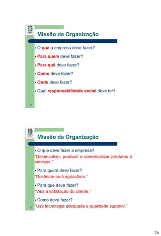 Missão da Organização


O que a empresa deve fazer?



Para quem deve fazer?



Para quê deve fazer?



Como deve fazer?



Onde deve fazer?



Qual responsabilidade social deve ter?

51

Missão da Organização
O que deve fazer a empresa?
“Desenvolver, produzir e comercializar produtos e
serviços.”


Para quem deve fazer?
“Destinam-se à agricultura.”


Para que deve fazer?
“Visa a satisfação do cliente.”


Como deve fazer?
“Usa tecnologia adequada e qualidade superior.”


52

26

 
