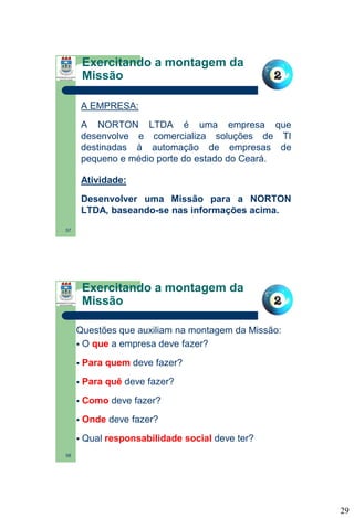 Exercitando a montagem da
Missão
A EMPRESA:
A NORTON LTDA é uma empresa que
desenvolve e comercializa soluções de TI
destinadas à automação de empresas de
pequeno e médio porte do estado do Ceará.
Atividade:
Desenvolver uma Missão para a NORTON
LTDA, baseando-se nas informações acima.
57

Exercitando a montagem da
Missão
Questões que auxiliam na montagem da Missão:
 O que a empresa deve fazer?


Para quem deve fazer?



Para quê deve fazer?



Como deve fazer?



Onde deve fazer?



Qual responsabilidade social deve ter?

58

29

 