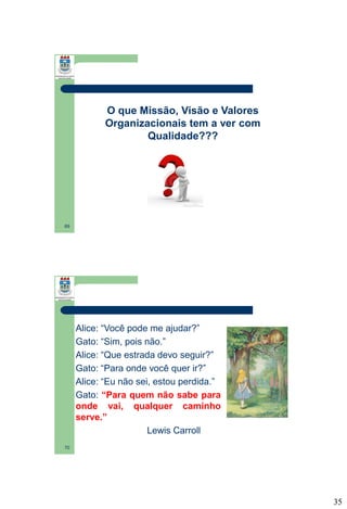 O que Missão, Visão e Valores
Organizacionais tem a ver com
Qualidade???

69

Alice: “Você pode me ajudar?”
Gato: “Sim, pois não.”
Alice: “Que estrada devo seguir?”
Gato: “Para onde você quer ir?”
Alice: “Eu não sei, estou perdida.”
Gato: “Para quem não sabe para
onde vai, qualquer caminho
serve.”
Lewis Carroll
70

35

 