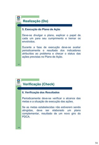 Realização (Do)
5. Execução do Plano de Ação
Deve-se divulgar o plano, explicar o papel de
cada um para seu cumprimento e treinar os
envolvidos.
Durante a fase de execução deve-se avaliar
periodicamente o resultado dos indicadores
atribuídos ao problema e checar o status das
ações previstas no Plano de Ação.
107

Verificação (Check)
6. Verificação dos Resultados
Periodicamente deve-se verificar o alcance das
metas e a situação de execução das ações.
Se as metas estabelecidas não estiverem sendo
atingidas, deve ser elaborado um plano
complementar, resultado de um novo giro do
PDCA.

108

54

 