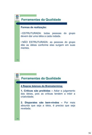 Ferramentas da Qualidade
Formas de realização:
• ESTRUTURADA: todas pessoas do grupo
devem dar uma idéia a cada rodada.
• NÃO ESTRUTURADA: as pessoas do grupo
dão as idéias conforme elas surgem em suas
mentes.

115

Ferramentas da Qualidade
4 Regras básicas do Brainstorming:
1. Críticas são proibidas – Adiar o julgamento
das ideias, pois as críticas tendem a inibir a
criatividade;
2. Disparates são bem-vindos – Por mais
absurda que seja a ideia, é preciso que seja
revelada;

116

58

 