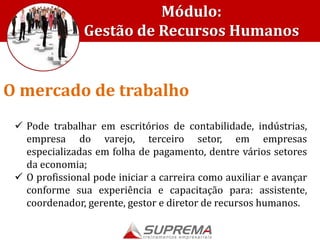  Pode trabalhar em escritórios de contabilidade, indústrias,
empresa do varejo, terceiro setor, em empresas
especializadas em folha de pagamento, dentre vários setores
da economia;
 O profissional pode iniciar a carreira como auxiliar e avançar
conforme sua experiência e capacitação para: assistente,
coordenador, gerente, gestor e diretor de recursos humanos.
O mercado de trabalho
Módulo:
Gestão de Recursos Humanos
 