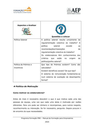 Aspectos a Analisar




                                             Questões a colocar
Política Salarial              A política salarial resulta unicamente da
                               regulamentação colectiva do trabalho? A
                               política       salarial      excede        as
                               recomendações/imposições                   da
                               regulamentação colectiva do trabalho?
                               Os colaboradores têm conhecimentos dos
                               critérios    que   estão    na   origem    da
                               política/grelha salarial?
Política de Prémios e          Que tipo de Prémios existem? Como são
Incentivos                     calculados?
                               Existem benefícios sociais? De que tipo?
                               O sistema de remuneração fundamenta-se
                               num sistema de avaliação de desempenho
                               formal?


  Política de Motivação


Como motivar os colaboradores?


Antes de mais é necessário descobrir o que é que motiva cada uma das
pessoas da equipa, uma vez que cada uma delas é motivada por razões
diferentes. Para uns pode ser dinheiro e recompensas, para outros respeito,
reconhecimento ou interacção. Se for necessário, pergunte. Depois procure ir
de encontro às suas necessidades.



         Programa Formação PME – Manual de Formação para Empresários

                                    20/24
 
