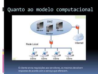 Quanto ao modelo computacional
O cliente envia requisições aos servidores, os mesmos devolvem
respostas de acordo com o serviço que oferecem.
 