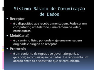 Sistema Básico de Comunicação
de Dados
 Receptor
 é o dispositivo que recebe a mensagem. Pode ser um
computador, um telefone, uma câmera de vídeo,
entre outros.
 Meio(Canal)
 é o caminho físico por onde viaja uma mensagem
originada e dirigida ao receptor.
 Protocolo
 é um conjunto de regras que governa(organiza,
gerencia) a comunicação de dados. Ele representa um
acordo entre os dispositivos que se comunicam.
 