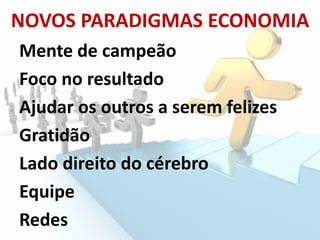 NOVOS PARADIGMAS ECONOMIA
Mente de campeão
Foco no resultado
Ajudar os outros a serem felizes
Gratidão
Lado direito do cérebro
Equipe
Redes
 
