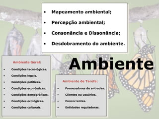 Ambiente
• Mapeamento ambiental;
• Percepção ambiental;
• Consonância e Dissonância;
• Desdobramento do ambiente.
Ambiente Geral:
• Condições tecnológicas.
• Condições legais.
• Condições políticas.
• Condições econômicas.
• Condições demográficas.
• Condições ecológicas.
• Condições culturais.
Ambiente de Tarefa:
• Fornecedores de entradas.
• Clientes ou usuários.
• Concorrentes.
• Entidades reguladoras.
 
