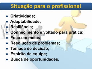 O profissional ?
 Criatividade;
 Adaptabilidade;
 Resiliência;
 Conhecimento e voltado para prática;
 Foco em metas;
 Resolução de problemas;
 Tomada de decisão;
 Espírito de equipe;
 Busca de oportunidades.
Situação para o profissional
 