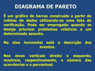 DIAGRAMA DE PARETO
É um gráfico de barras construído a partir de
coletas de dados utilizando-se uma lista de
verificação. Pode ser empregado quando se
deseja priorizar problemas relativos a um
determinado assunto.
No eixo horizontal está a descrição dos
eventos.
Nos eixos verticais direito e esquerdo,
mostram, respectivamente, o número das
ocorrências e o percentual.
 