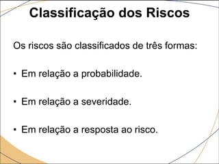 Classificação dos Riscos
Os riscos são classificados de três formas:
• Em relação a probabilidade.
• Em relação a severidade.

• Em relação a resposta ao risco.

 