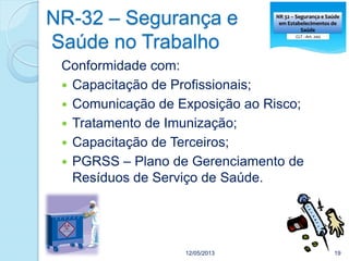 NR-32 – Segurança e
Saúde no Trabalho
12/05/2013 19
Conformidade com:
 Capacitação de Profissionais;
 Comunicação de Exposição ao Risco;
 Tratamento de Imunização;
 Capacitação de Terceiros;
 PGRSS – Plano de Gerenciamento de
Resíduos de Serviço de Saúde.
 