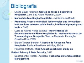 Bibliografia
• Liliane Bauer Feldman. Gestão de Risco e Segurança
Hospitalar. 2.ed. São Paulo, Martinari, 2009.
• Manual de Acreditação Hospitalar – Ministério da Saúde
• Promoting Access to Medical Technologies and Innovation -
Intersections between public health, intellectual property and
trade – OMS
• Lúcia de Fátima Neves da Silva - Reorientação do
Gerenciamento de Risco Hospitalar do Instituto Nacional de
Traumatologia e Ortopedia. Tese de Mestrado, Fundação
Oswaldo Cruz, 2009
• Evaldo Tavares Barbier. A Gestão de Riscos na Área
Hospitalar. Revista Brasiliano, ed.55 pg 26-29.
• Ponemon Institute. Third Annual Benchmark Study on
Patient Privacy & Data Security, 2012
• Department of Health - Australia. Pocket Guide to Clinical Risk
Management.
12/05/201334
 