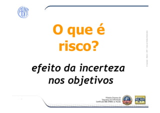 Módulo-2007-TodososDireitosReservados
O que é
risco?
O que é
risco?
©Copyright–Módulo
efeito da incertezaefeito da incerteza
nos objetivosnos objetivos
 