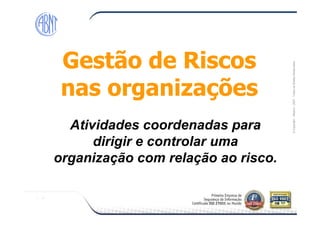 Módulo-2007-TodososDireitosReservados
Gestão de Riscos
nas organizações
Gestão de Riscos
nas organizações
©Copyright–Módulo
Atividades coordenadas para
dirigir e controlar uma
organização com relação ao risco.
 