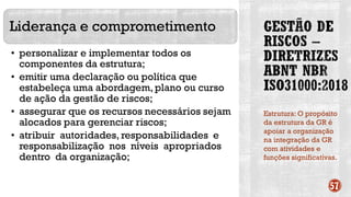 Estrutura: O propósito
da estrutura da GR é
apoiar a organização
na integração da GR
com atividades e
funções significativas.
57
Liderança e comprometimento
• personalizar e implementar todos os
componentes da estrutura;
• emitir uma declaração ou política que
estabeleça uma abordagem, plano ou curso
de ação da gestão de riscos;
• assegurar que os recursos necessários sejam
alocados para gerenciar riscos;
• atribuir autoridades, responsabilidades e
responsabilização nos níveis apropriados
dentro da organização;
 