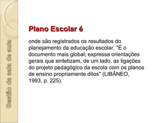 Plano Escolar é  onde são registrados os resultados do planejamento da educação escolar. "É o documento mais global; expressa orientações gerais que sintetizam, de um lado, as ligações do projeto pedagógico da escola com os planos de ensino propriamente ditos" (LIBÂNEO, 1993, p. 225).  