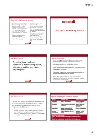 03/08/15
18
Dicas sobre Marketing de Serviços
• Aprender com os vencedores
(benchmarking), estar atento
aos melhores do mercado;
• Estabelecer critérios para
controle e fazer comparações
com dados de pesquisa e
resultados das avaliações;
• Colocar o cliente em primeiro
lugar;
• Estar em contato com os
clientes diretamente,
observar e analisar reações no
momento da compra;
• Investir no pessoal, se a
empresa for boa, o
funcionário não sairá dela;
• Aprendizado constante;
• Estar atento aos detalhes,
observar todos os momentos
da verdade;
• O comprometimento com o
serviço deve começar pelo
topo da empresa;
• Pensar sempre: Por que?
Como? Sempre há meios de
fazer melhor aquilo que se
faz.
Unidade 6: Marketing Interno
É a utilização de modernas
ferramentas de marketing, porém,
dirigidas ao público interno das
organizações.
Marketing Interno
Definir estratégias de marketing para dentro da empresa é o
mesmo que traçar os planos para conquistar mercado.
O marketing interno busca três objetivos básicos:
Geral – manter os funcionários motivados, conscientes sobre os
clientes e bem orientados;
Estratégico – criar entre os funcionários um ambiente interno
propício para o atendimento dos clientes;
Tático – “vender” campanhas de serviços e esforços de
marketing aos funcionários – o primeiro mercado da empresa –
via programas de treinamento.
Marketing Interno
Marketing Interno
• Cada vez mais se torna estratégico para empresas criar
um ambiente inovador (principalmente em serviços)
• Marketing interno pode usar ferramentas como:
empowerment, B2E intranet
– O funcionário é o consumidor do emprego e o emprego é o
“produto” e como tal pode ser trabalhado com as mesmas
ferramentas do marketing do consumidor (pesquisas,
engenharia de produção – cargos e salário etc -, comunicação
e promoções – reconhecimentos etc -.
107 108
Públicos afetados pelo Marketing Interno
Parceiros Contribuem com: Esperam retorno de:
Acionistas e
Investidores
Capital e investimentos Lucros e dividendos,
valor agregado
Empregados Trabalho, esforço conhecimentos
e habilidades
Salários, benefícios,
retribuições e
satisfações
Fornecedores Matérias primas, serviços,
insumos básicos, tecnologias
Lucros e novos negócios
Clientes e
Consumidores
Compras e aquisição das bens e
serviços
Qualidade, preços,
satisfação e valor
agregado
Lembretes Importantes:
- Todos são igualmente importantes na visão sistêmica
- Servem para construir o resultado da empresa
- Seguirão investindo se obtiverem o retorno esperado
 