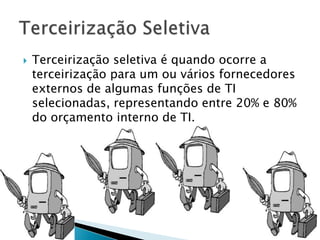 Terceirização seletiva é quando ocorre a terceirização para um ou vários fornecedores externos de algumas funções de TI selecionadas, representando entre 20% e 80% do orçamento interno de TI.Terceirização Seletiva	