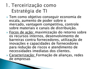 Tem como objetivo conseguir economia de escala, aumento de poder sobre o mercado, vantagem competitiva, controle sobre materiais e canais de distribuição.Focos de ação: maximização do retorno sobre os recursos internos, desenvolvimento de barreiras contra fornecedores, utilização de inovações e capacidades de fornecedores para redução de riscos e atendimento de necessidades imediatas dos clientes.Caracterização: Formação de alianças, redes de empresas1. Terceirização como     Estratégia de TI