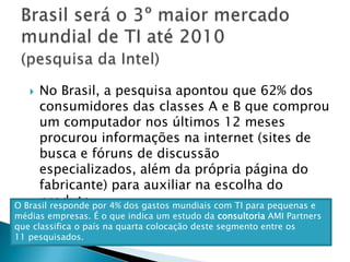 Brasil será o 3º maior mercado mundial de TI até 2010  (pesquisa da Intel)No Brasil, a pesquisa apontou que 62% dos consumidores das classes A e B que comprou um computador nos últimos 12 meses procurou informações na internet (sites de busca e fóruns de discussão especializados, além da própria página do fabricante) para auxiliar na escolha do produto.O Brasil responde por 4% dos gastos mundiais com TI para pequenas e médias empresas. É o que indica um estudo da consultoria AMI Partnersque classifica o país na quarta colocação deste segmento entre os 11 pesquisados.