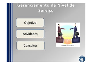 Como implementar?
  Trabalhe com um Nível de Serviço Piloto
  Crie metas para as equipes
  Revise Contratos atuais
  Defina o que deveria ser atingido e o que pode ser
atingido
  Obtenha comprometimento da Alta Direção
  Defina os procedimentos de reporte dos níveis de
serviços
  Divulgue!
 