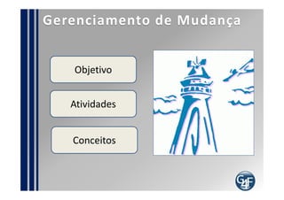 Como implementar?
  Defina os indicadores
  Defina as categorias de mudanças
  Defina as prioridades da mudança
  Defina a maneira que irão ocorrer as reuniões do
C.C.M.
  Defina a interface com os processos de operação,
desenho e transição
 